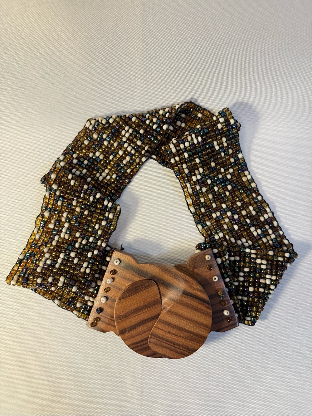 Multi-Strand Beaded Wooden-Clasp Belt - Brown & Cream